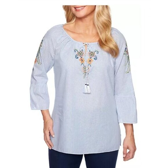 Alfred Dunner Lake Tahoe Embroidered Pinstripe Bell Sleeve Top Size 14 Casual - Picture 1 of 10